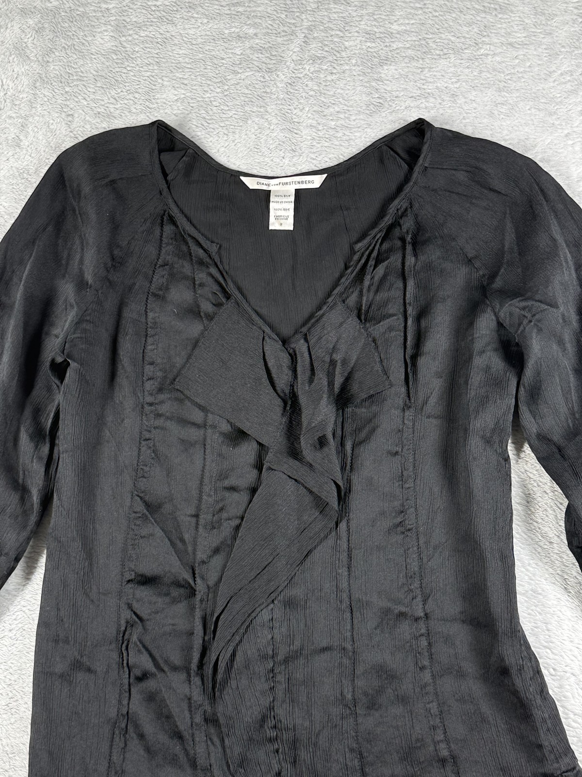 Diane von Furstenberg Blouse Womens 2 Black Silk Ruffle 3/4 Sleeve Dressy Top