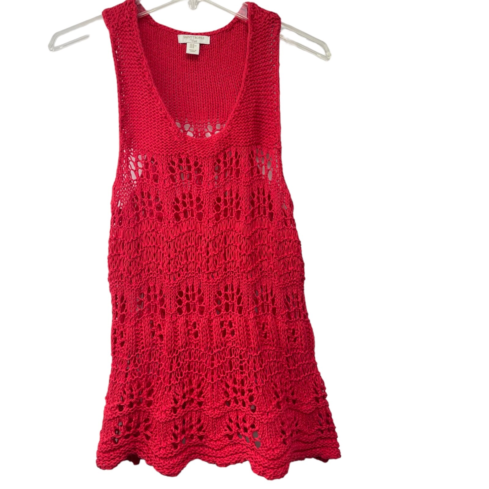 Saint Tropez West Open Crochet Tank Top Size M Cotton Linen Blend BOHO Beachy