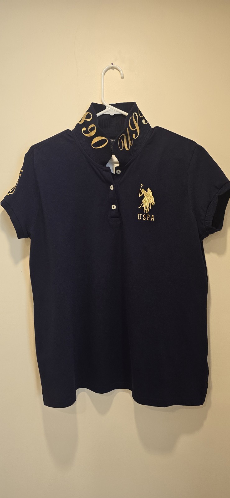 US Polo Assn Womens Polo Shirt Navy Blue Gold Big Logo Contrast Collar Size XXL
