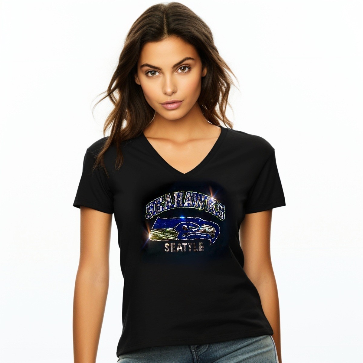 New Seattle Seahawks Rhinestone Relaxed fit Womens Sizing VNeck T-shirt S – 4X