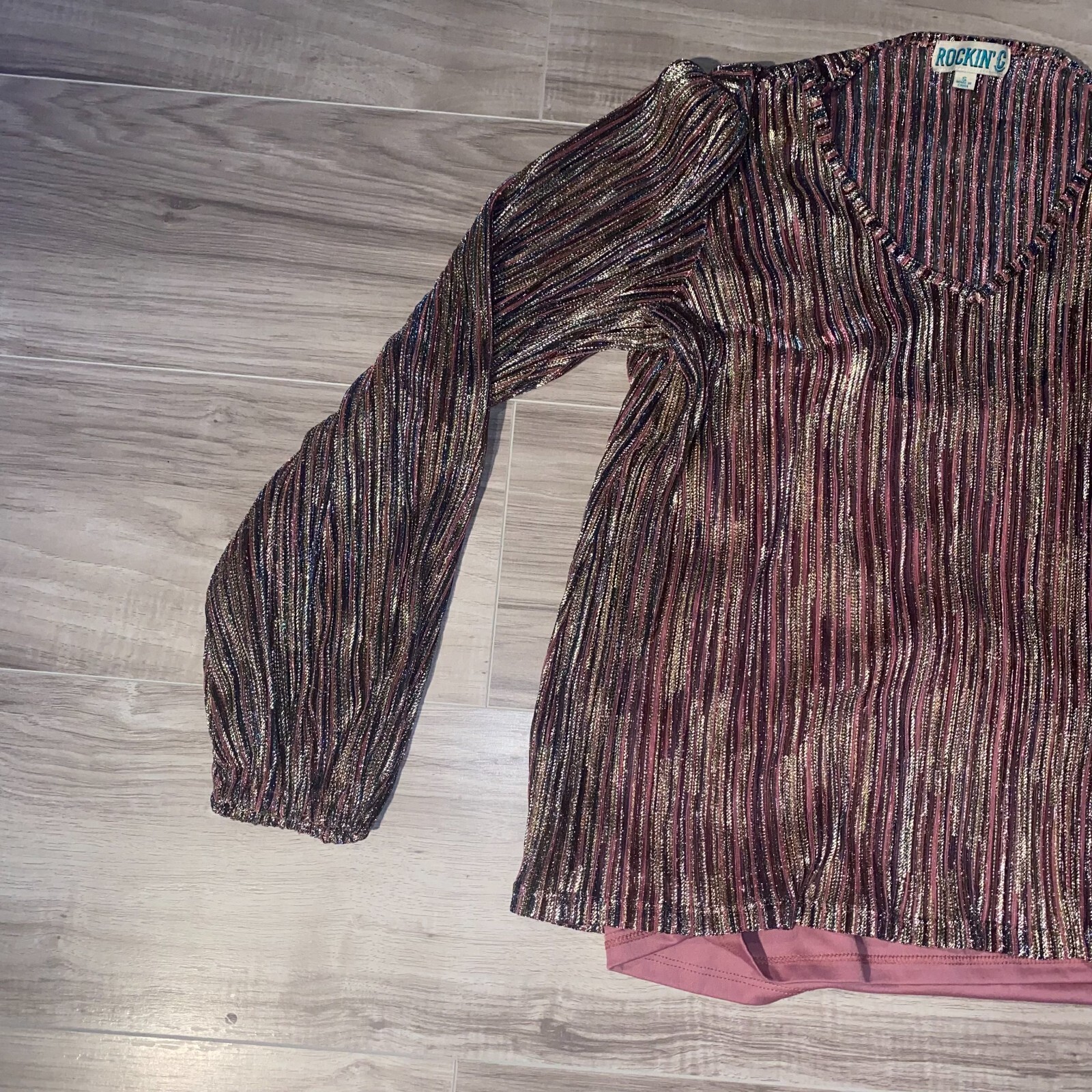 Rockin’ C Womens Multicolor Metallic Sheer Striped V-Neck Blouse Top Size Small