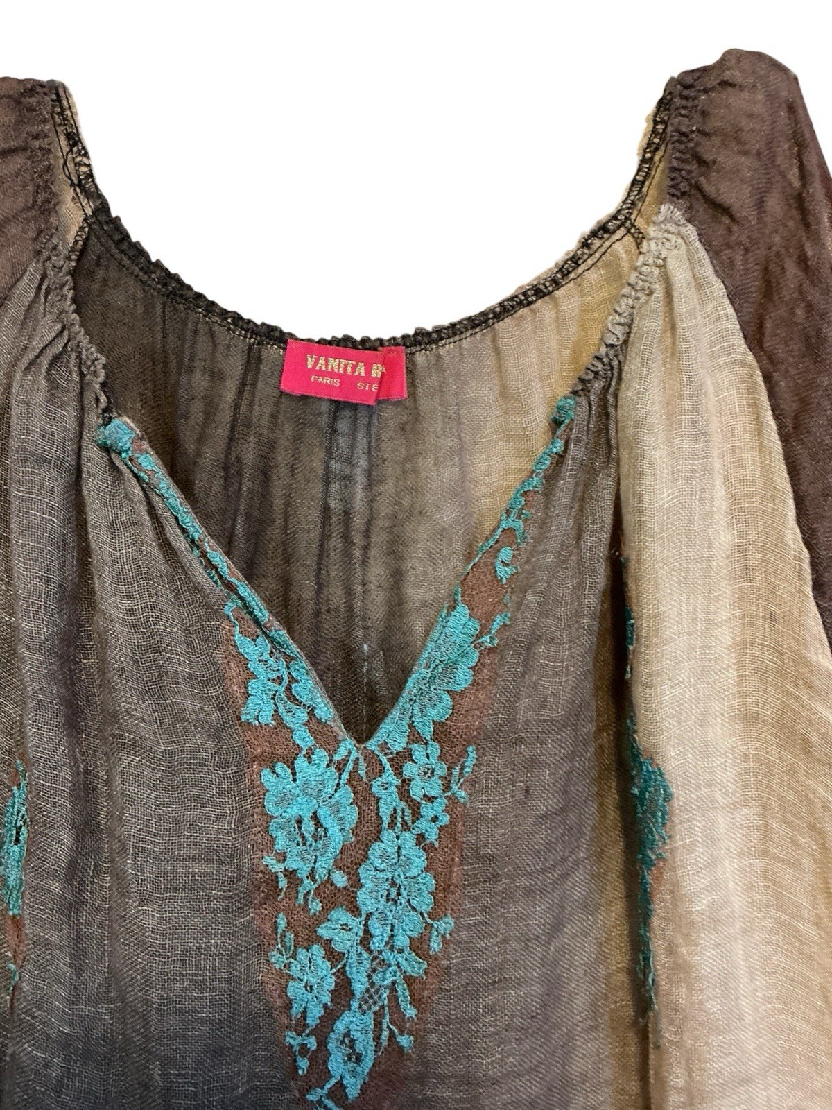 Vanita Rosa Paris Boho Gauze Tunic Fringe Embroidered Cold Shoulder Top L