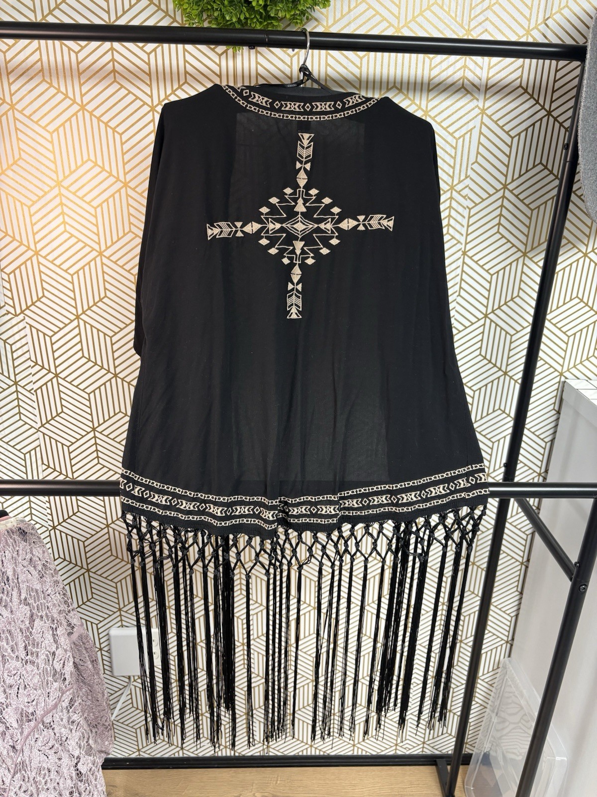 Very Unique Fringed Boho/Tribal-inspired Black Kimono-style Cardigan Or Duster