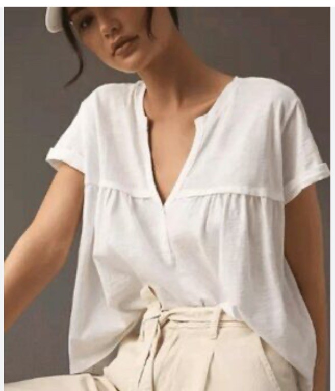 Pilcro Anthropologie $58 Women`s Sz Petite Small Babydoll Henley Crop Boxy Tee