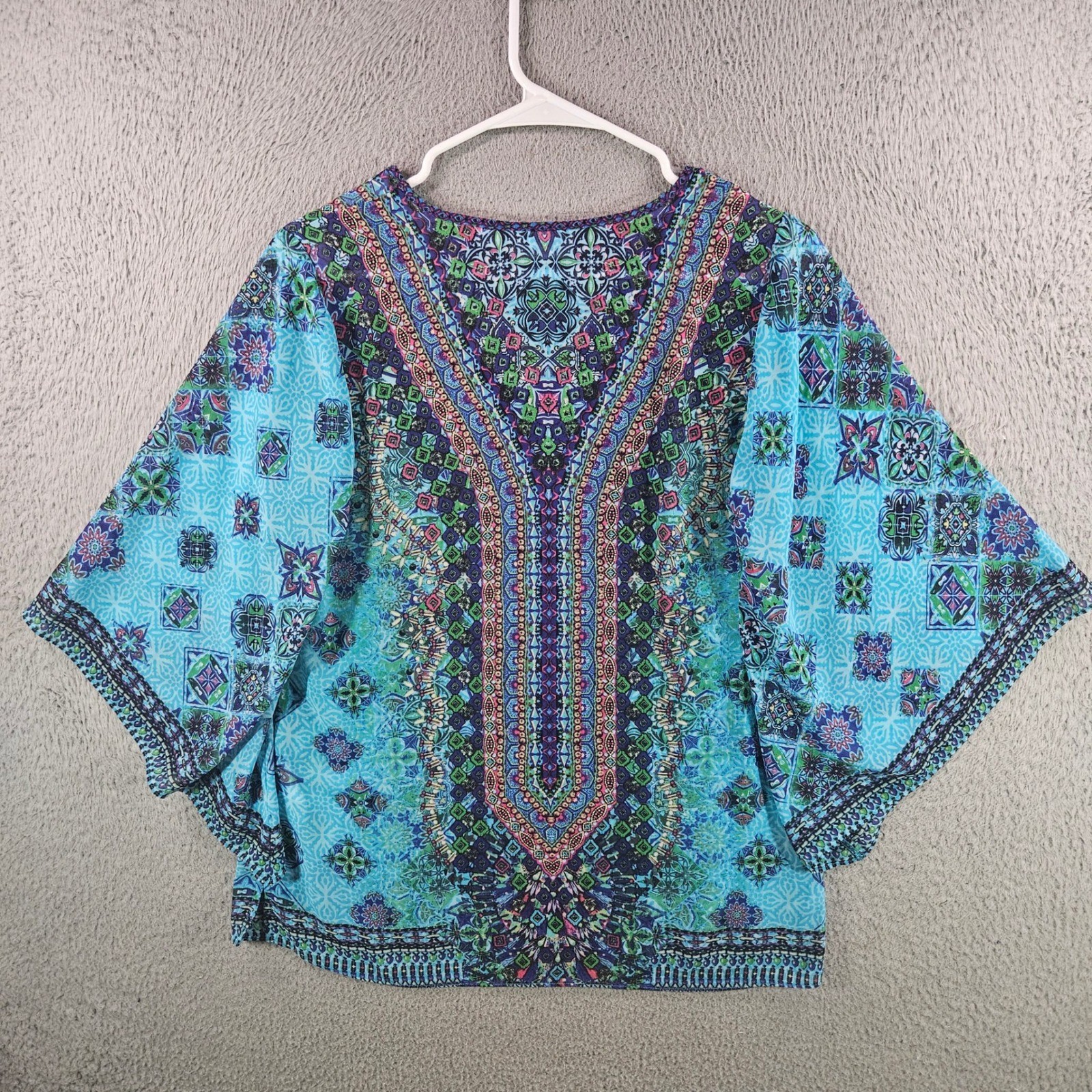 Belle by Kim Gravel Womens XXS Blue Mosaic Print Kimono Sleeve V-Neck Blouse