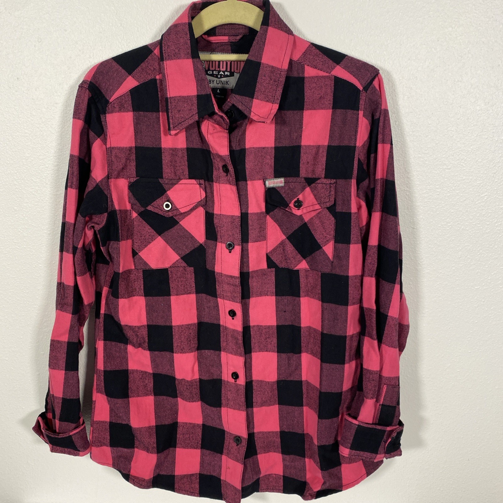 Revolution Gear L/S Flannel Button Up Women’s Size L Button UNiK Skull Emb L1
