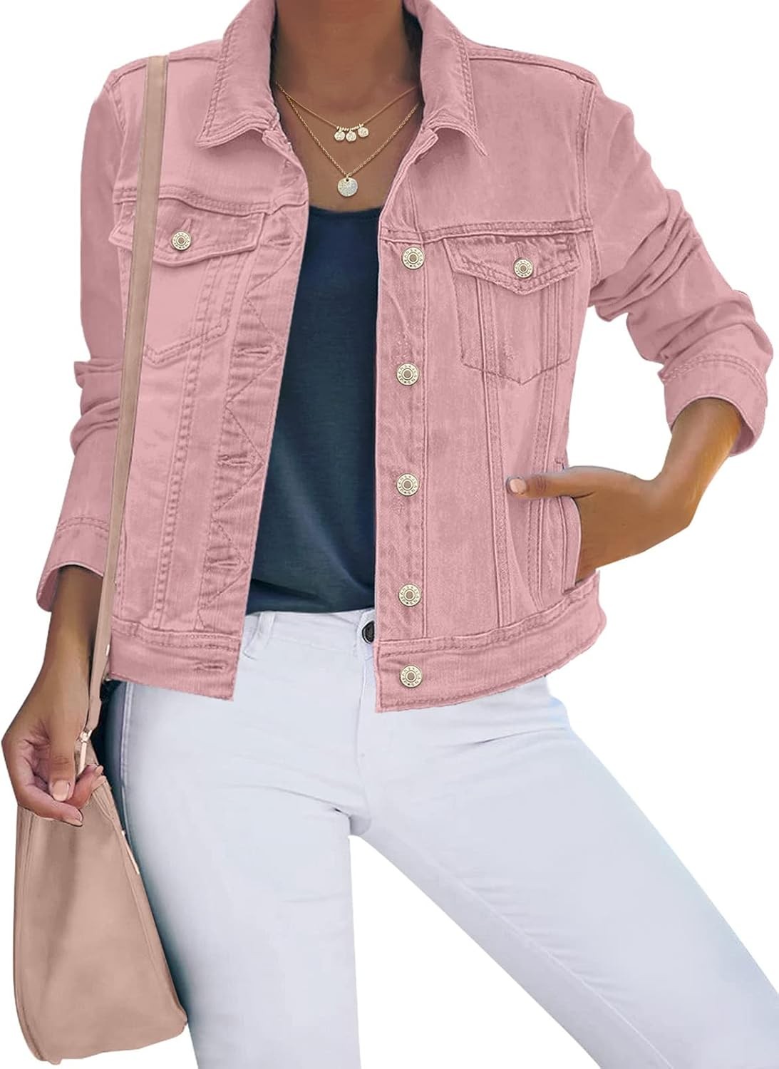 Women Basic Button Down Stretch Fitted Long Sleeves Denim Jean Jac
