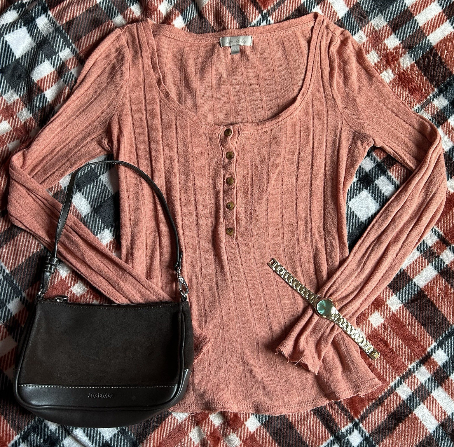 Wonderly Pink Solid Ribbed Knit Button Henley Scoop Neck Top Women’s XS