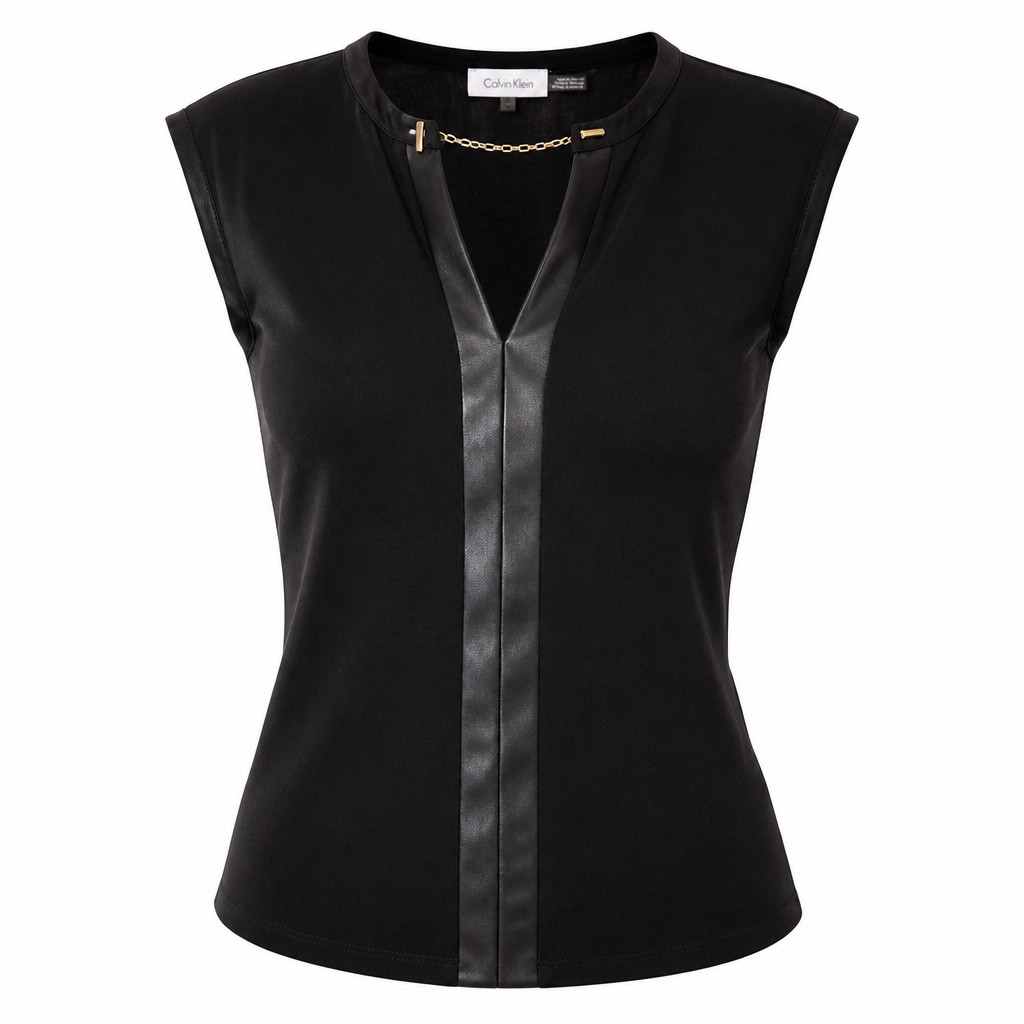Calvin Klein Women’s Sleeveless Top with Faux Leather Trim and Gold-Tone Chain N