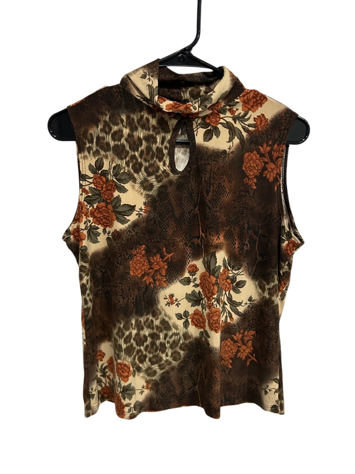 Susan Lawrence Womens Floral Animal Print Top Size Large Keyhole Boho Chic