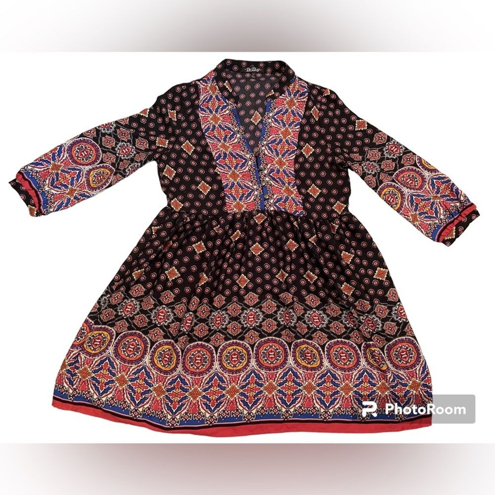 BeBop Bohemian Peasant Tunic Top Small-Antique Look Buttons.Blue,White,Yellow