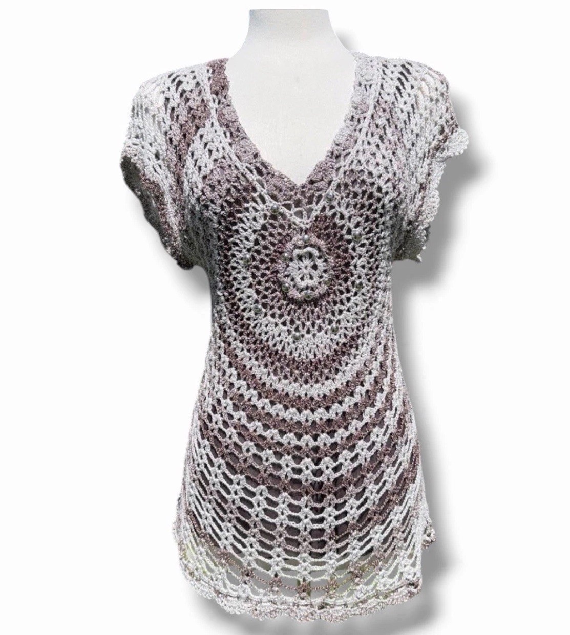 Vtg Y2K Alberto Makali Crochet Knit Mesh Layered Top Brown Metallic Medallion M