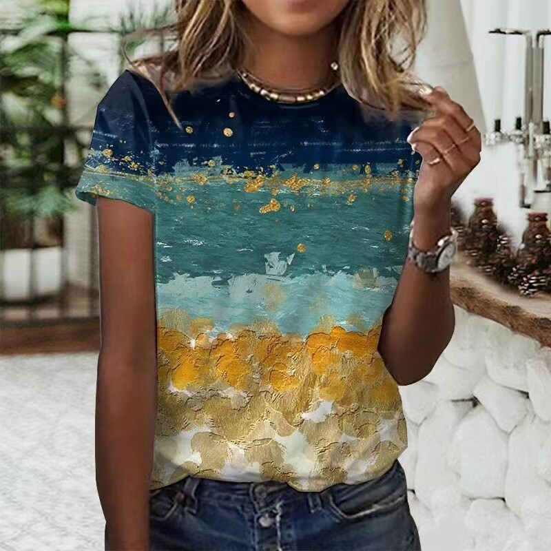 Women’s Top Star 3D Print Abstract Painting Round Neck Short Sleeve Casual Top