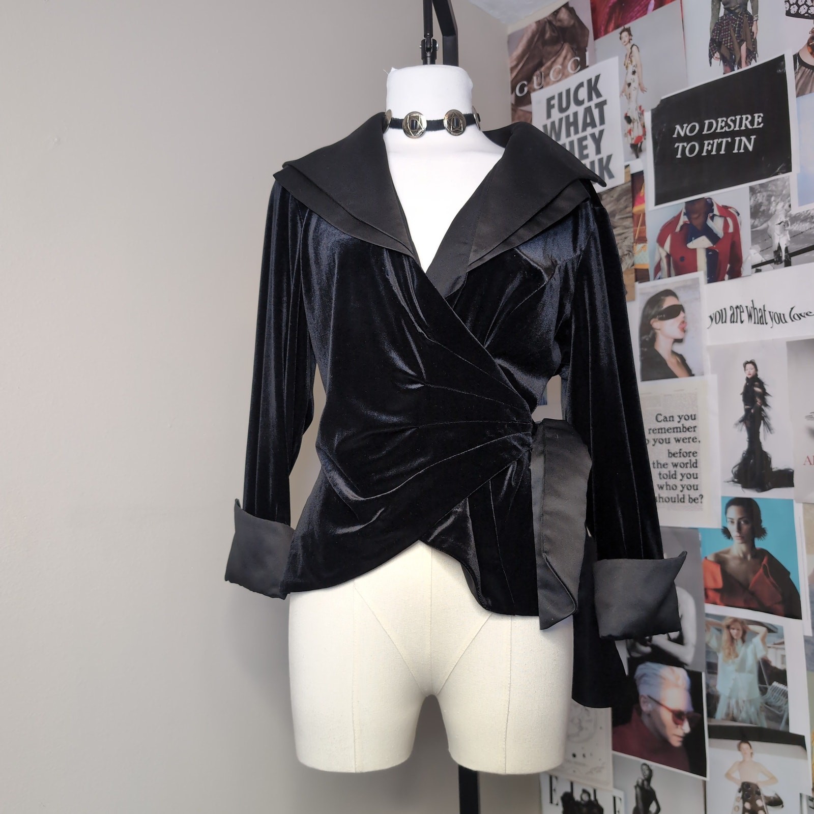 Velvet Wrap Top with Satin Collar and Cuffs Gothic
