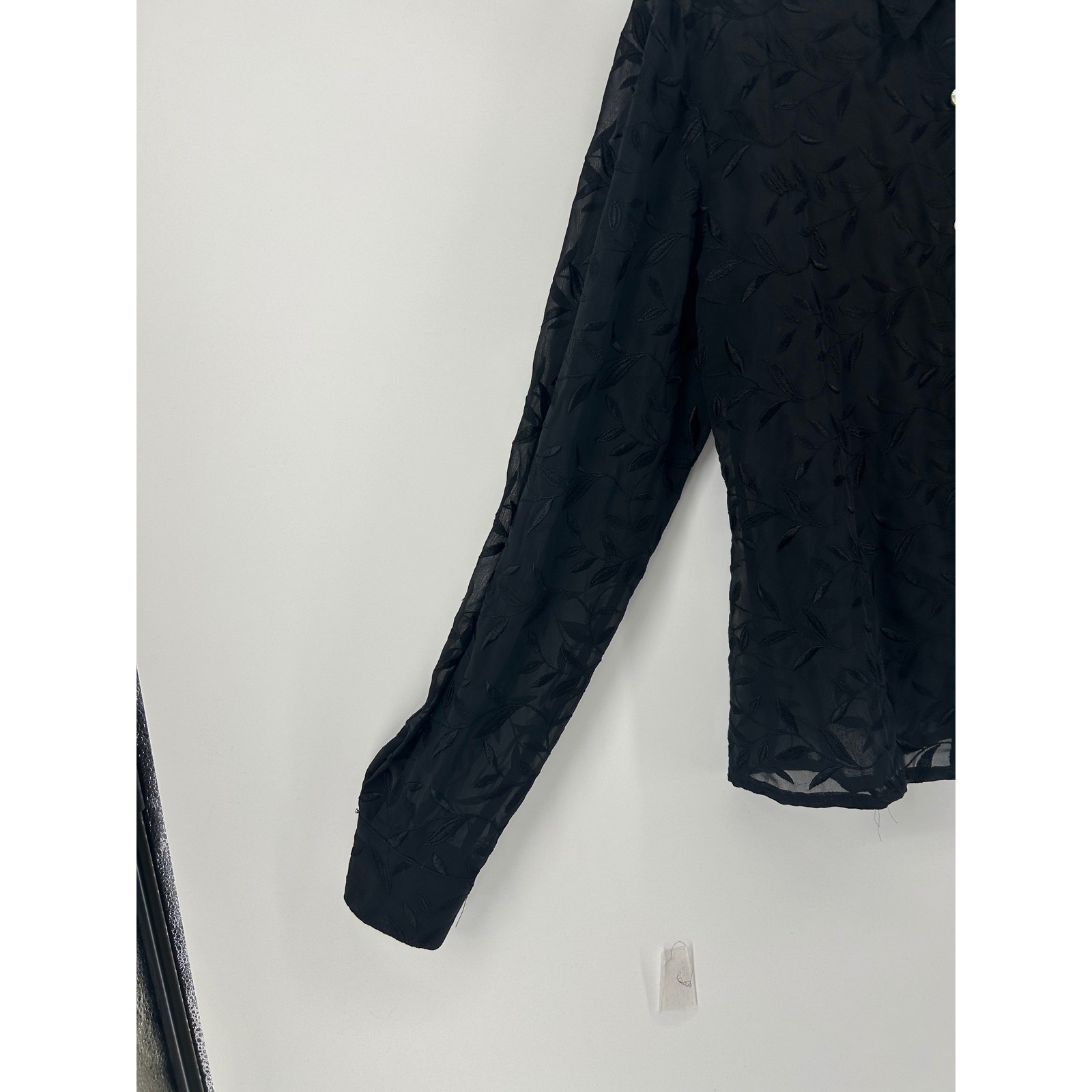 Preview Collection Black Sheer Leaf Embroidered Button Down Blouse Top Womens M
