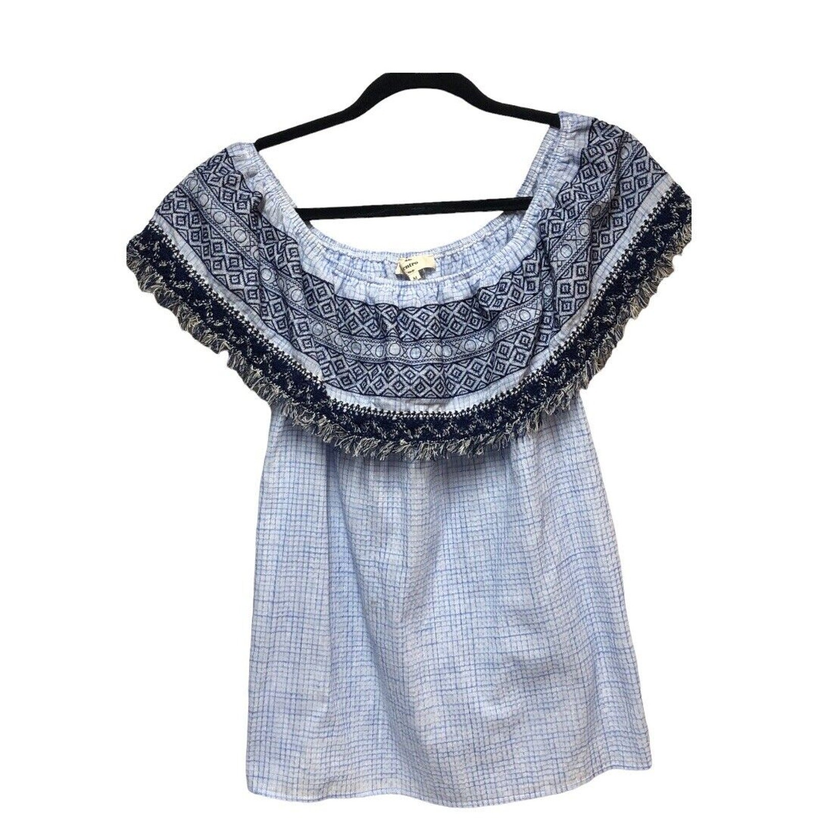 Off Shoulder Dress Blue White Checkered Fringed Geometric Medium
