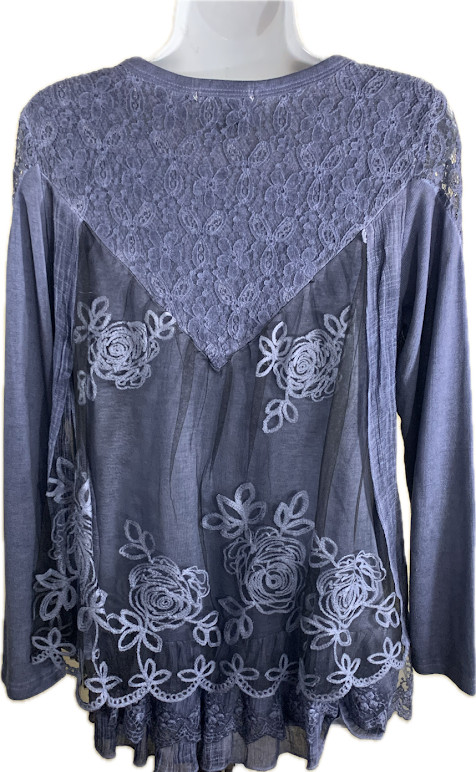 Feratelli Boho Grunge Peasant Embroidered Blue Lace Layered Tunic Top NWOT Small