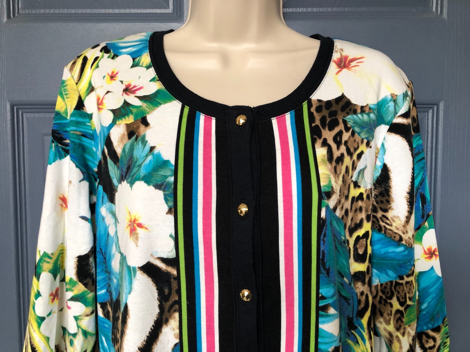 Rafaella Studio Size XL Cotton Tropical Floral Animal Print Mix Cardigan Sweater