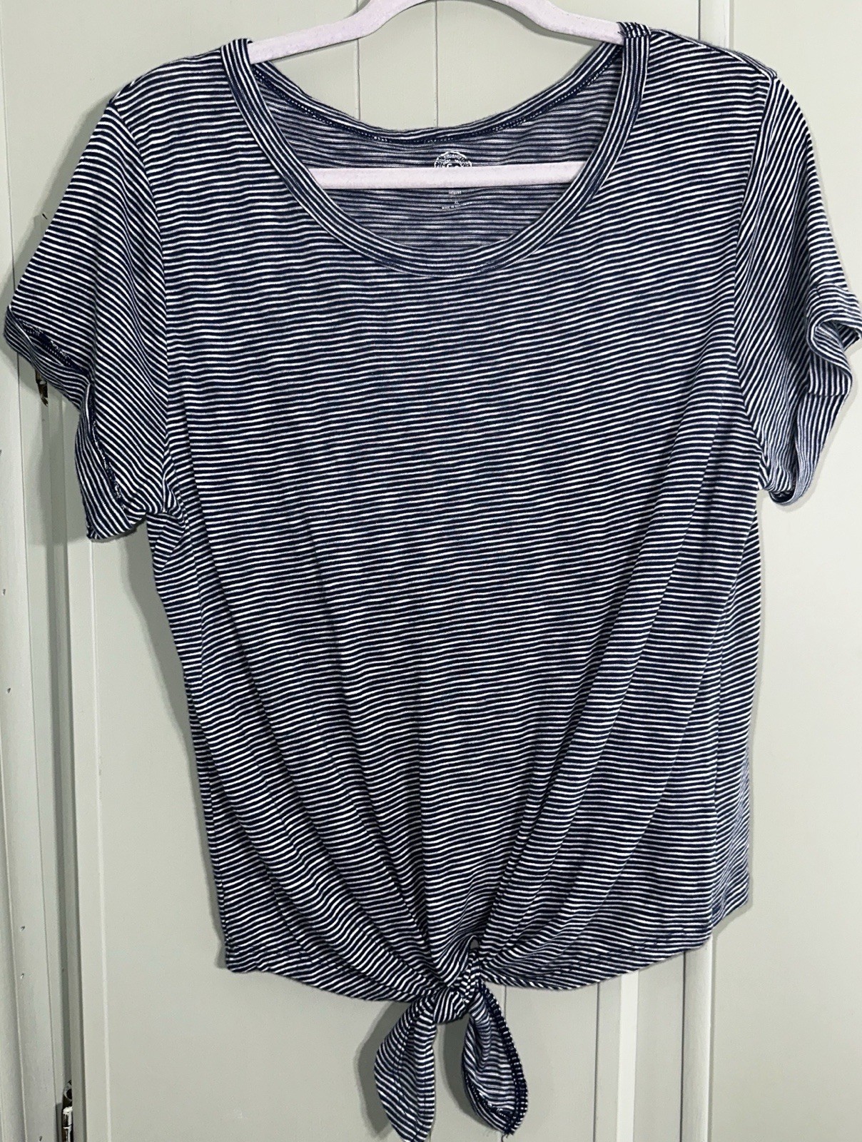 SO T-Shirt Relaxed Fit Soft Stripes Short Sleeve Tie-Front Blue White XL