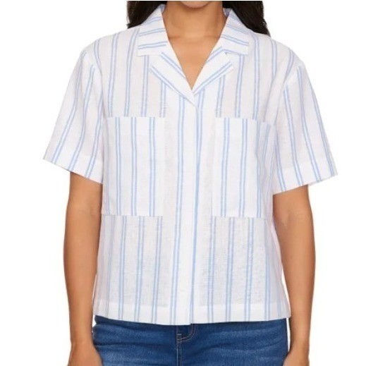 BUFFALO DAVID BITTON Linen Blend Striped Blouse L 14-16 Coastal Blue White NWT