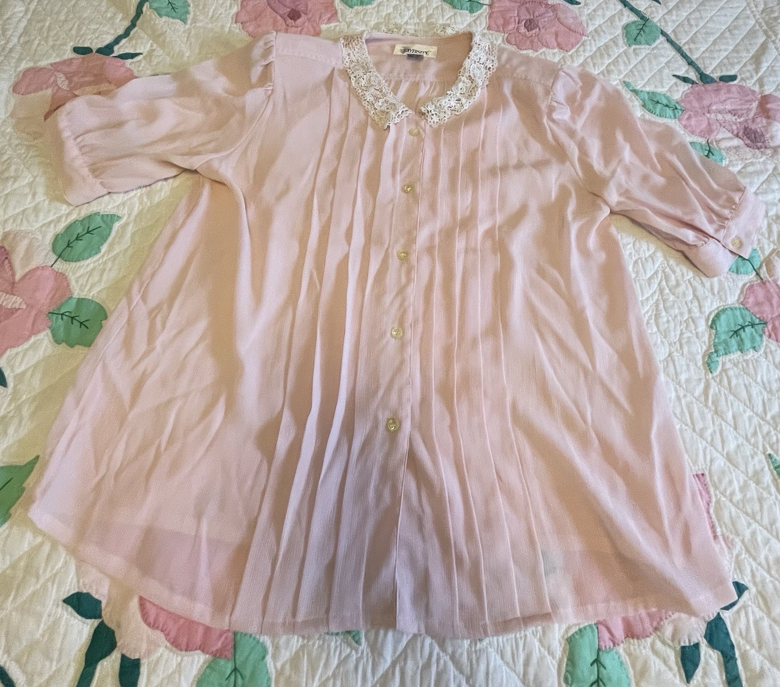 Pink Pastel Blouse Top Ivory Lace Collar 3/4 Sleeves Tucks Diversity Size 14