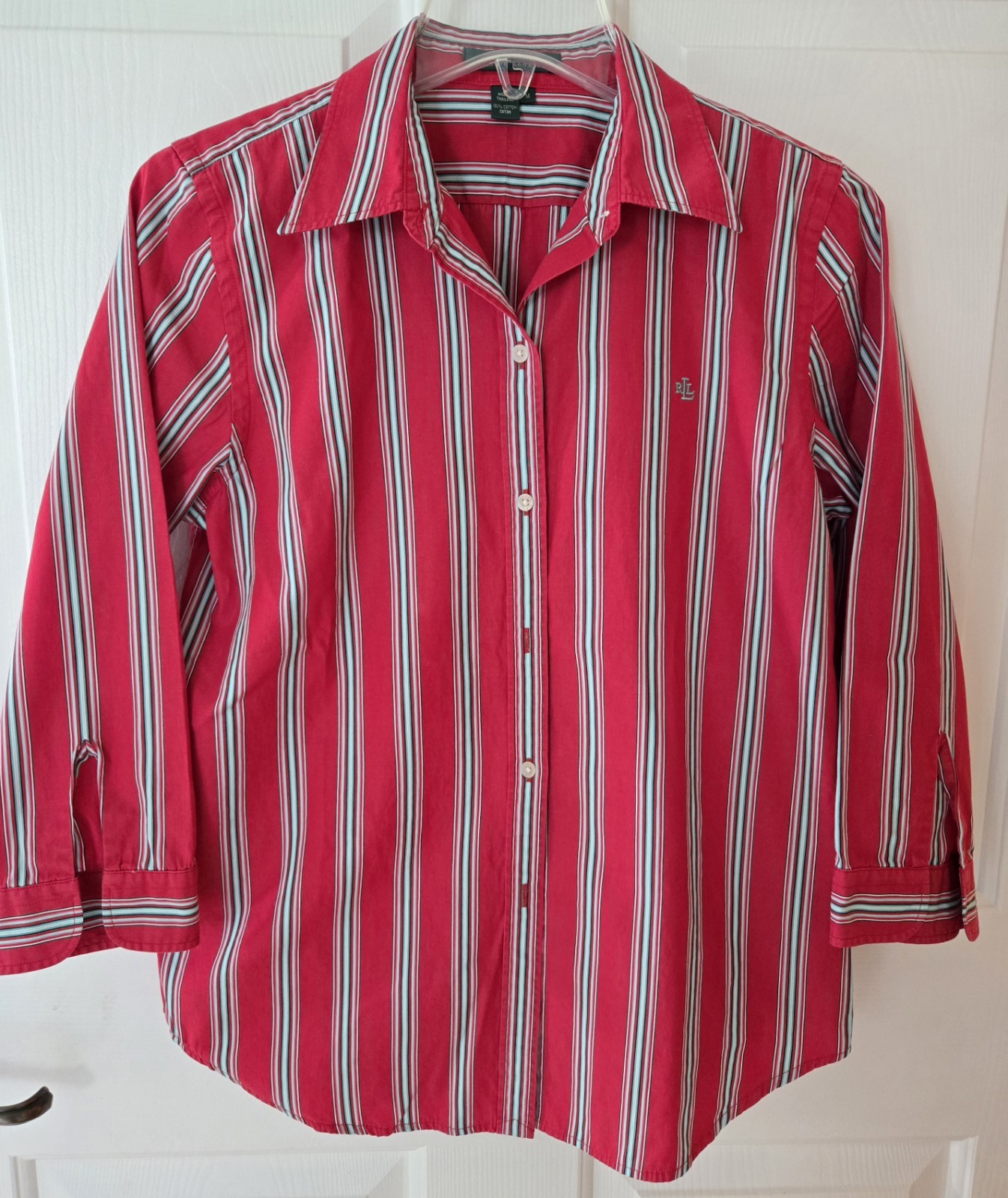 Ralph Lauren Red Regatta Stripe 100% Cotton Preppy Nautical Button Up M
