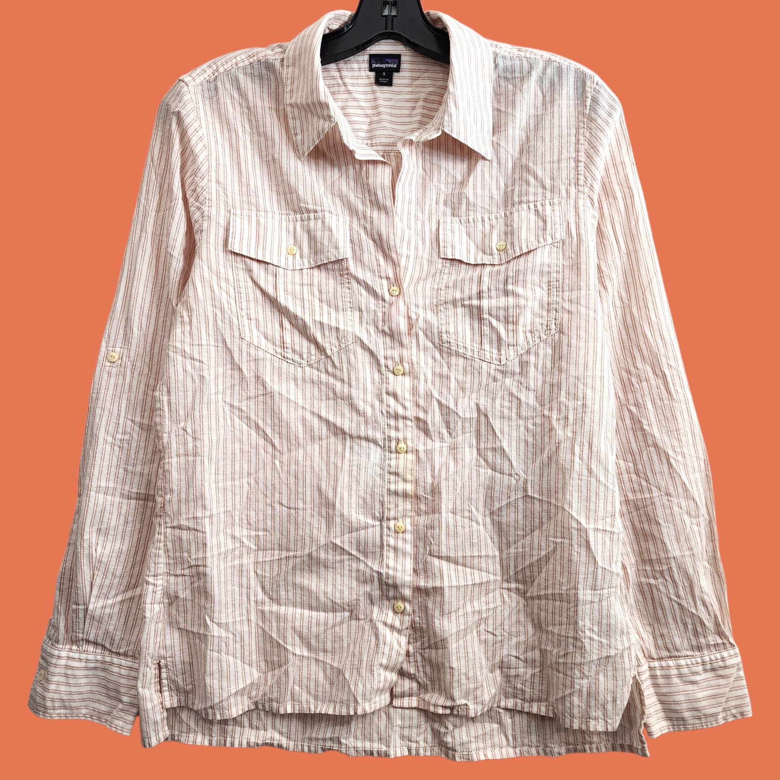 PATAGONIA Shirt Womens Small Ivory Striped Casual Button Down Preppy Outdoor
