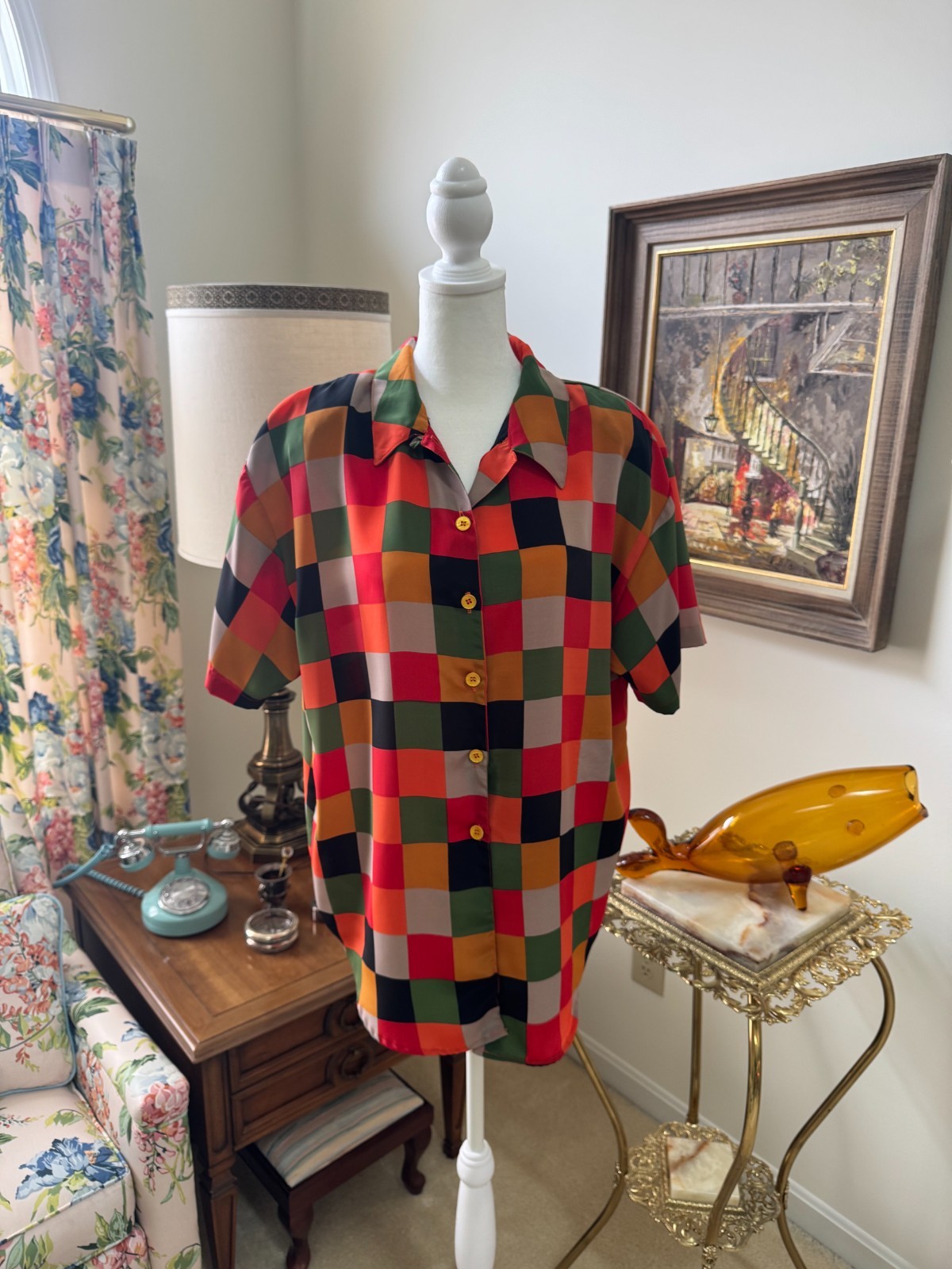 Vintage 80s/90s Impressions of California Multicolor Geometric Button Up Blouse