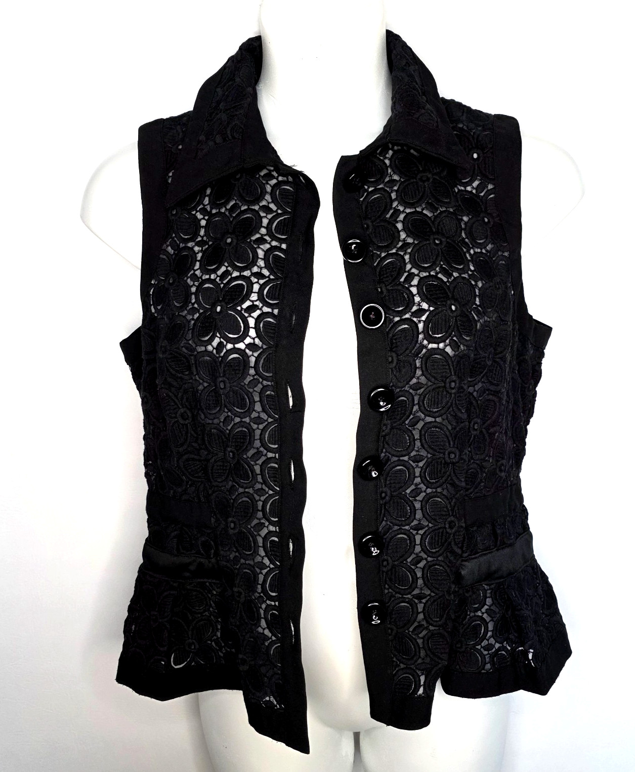 V Cristina Womens XL Vest Black Embroidered Button Front Sleeveless Peplum Top