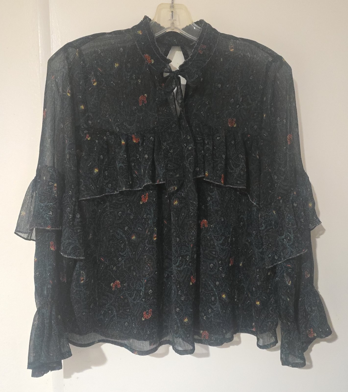Lucky Brand Sheer Boho Ruffle Blouse S Dark Floral Paisley Whimsigoth Coquette T