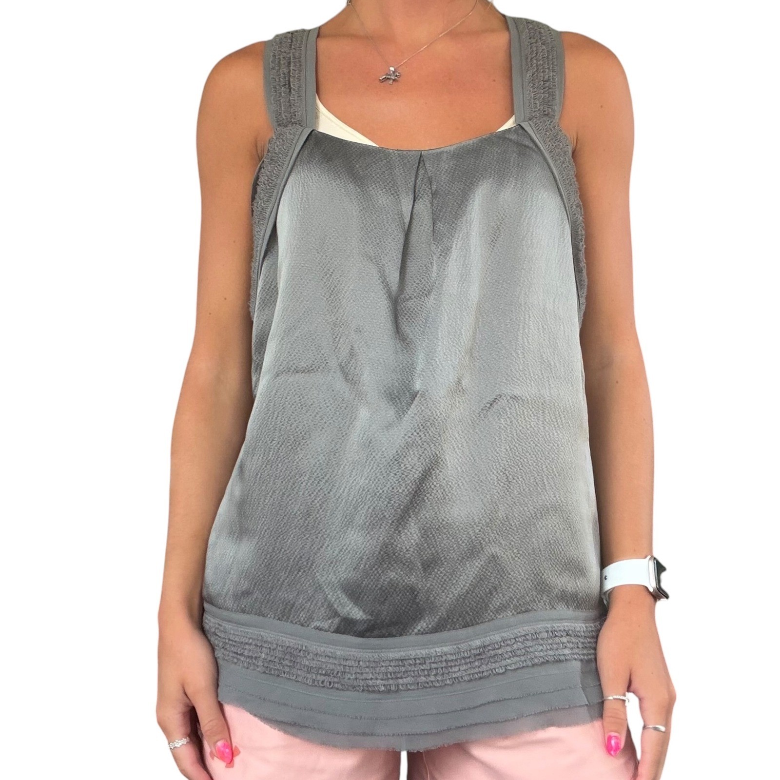 Juicy Couture Women 6 Gray 100% Silk Smocked Strap Criss Cross Back Tank Top Y2K