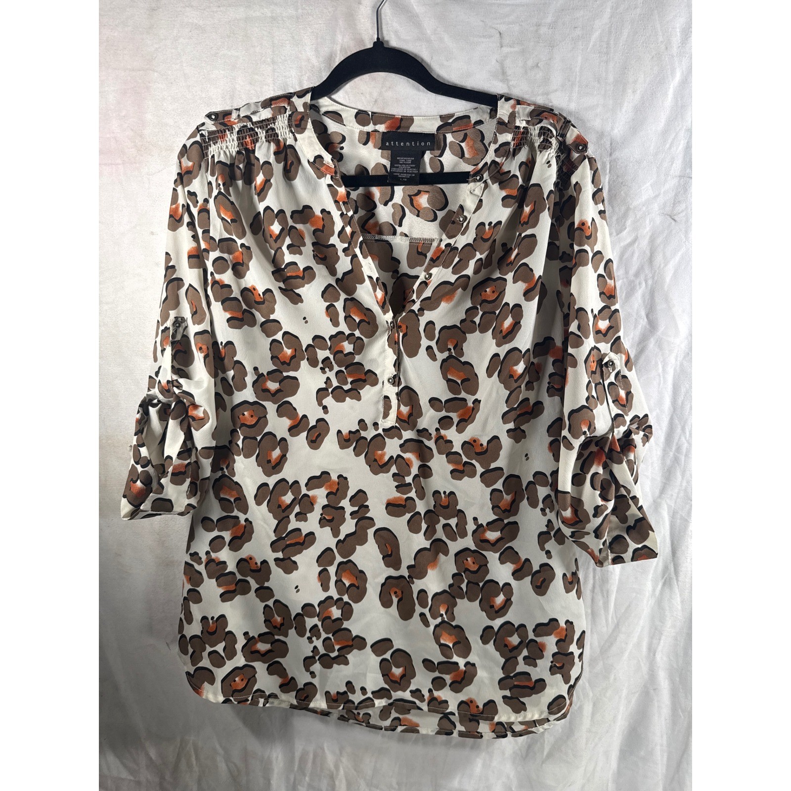 Attention Leopard Print Blouse Womens XL Brown White Animal Roll Tab Sleeve Top