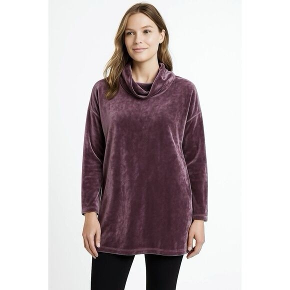 J Jill Velvet Velour Tunic Top Dark Purple Plum Long Sleeve Cowl Neck Cozy M