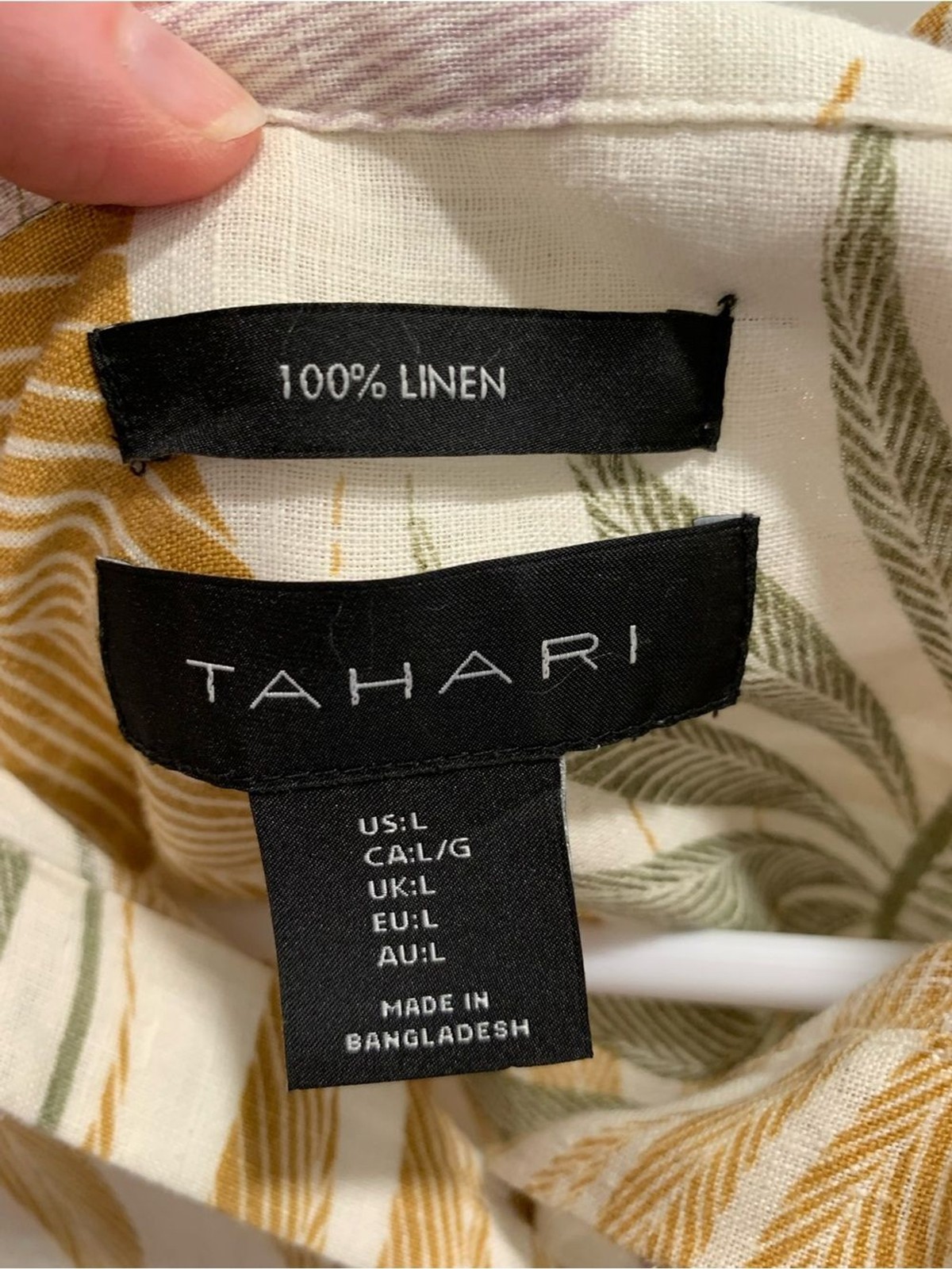 TAHARI Linen Botanical Print Top Womens L Short Sleeve Button Down Summer Casual