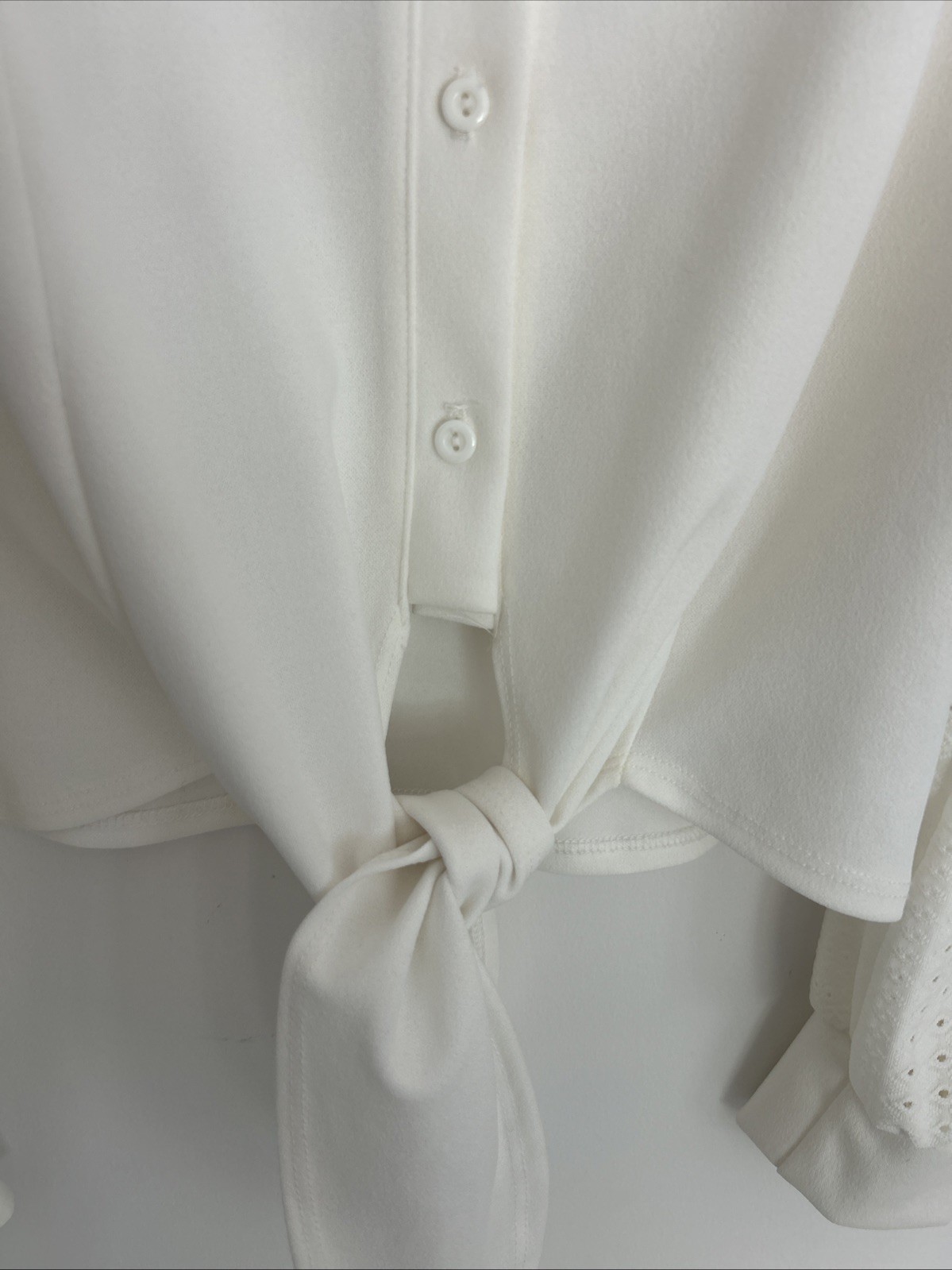 J & R Women’s M White Tie Belt Waist Button Up Collared Crochet Long Sleeves Top