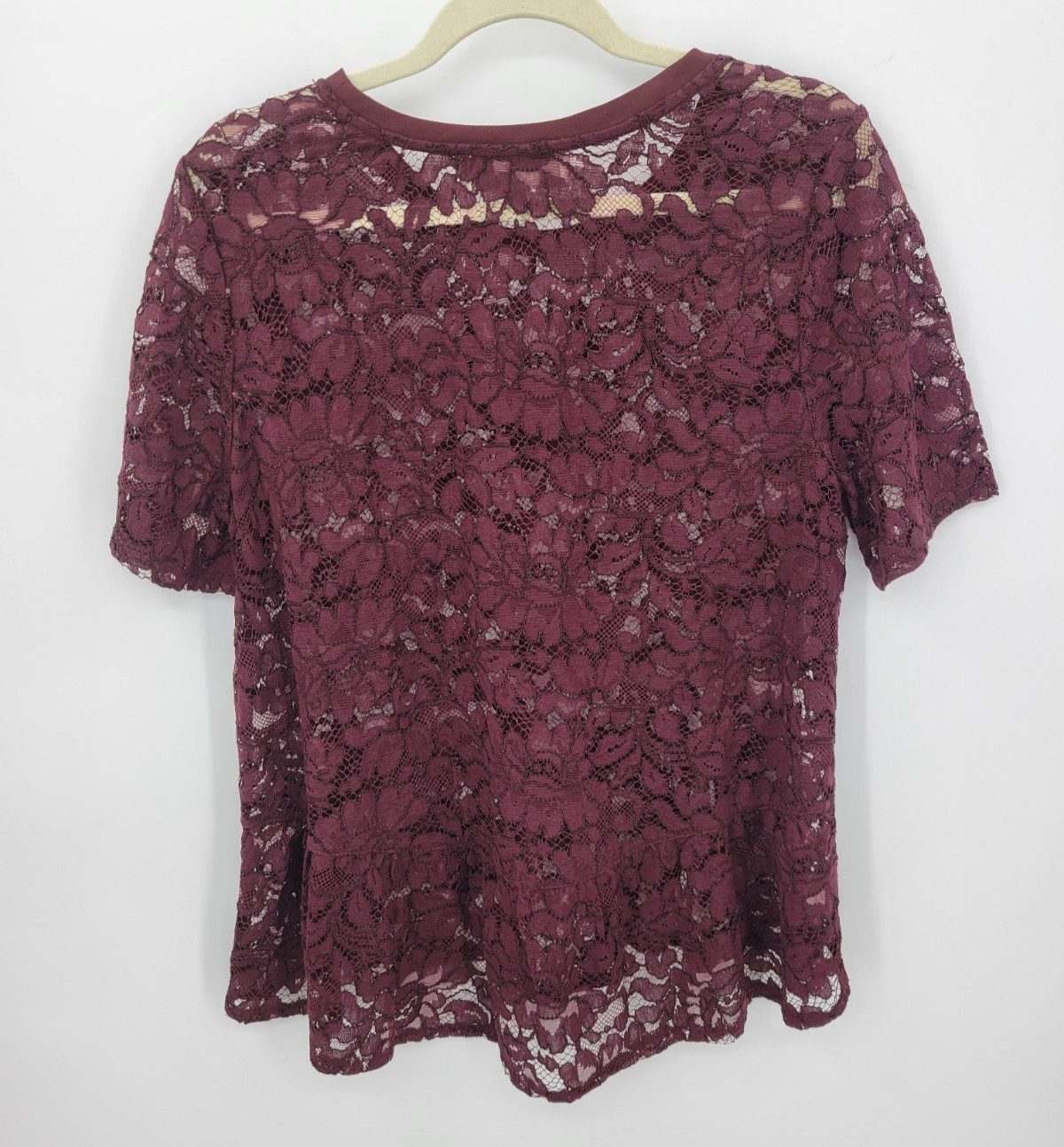 Loft Top Womens Large Maroon Lace Sheer Short Sleeve Scoop Neck Elegant Dressy