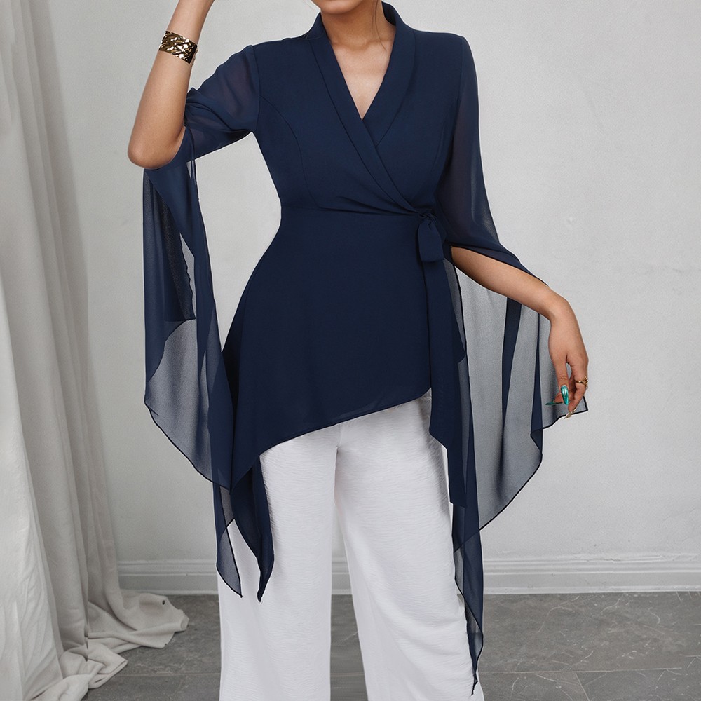 Women Chiffon Wrap V Neck Business Casual Shirt Office Asymmetrical Blouse Tops