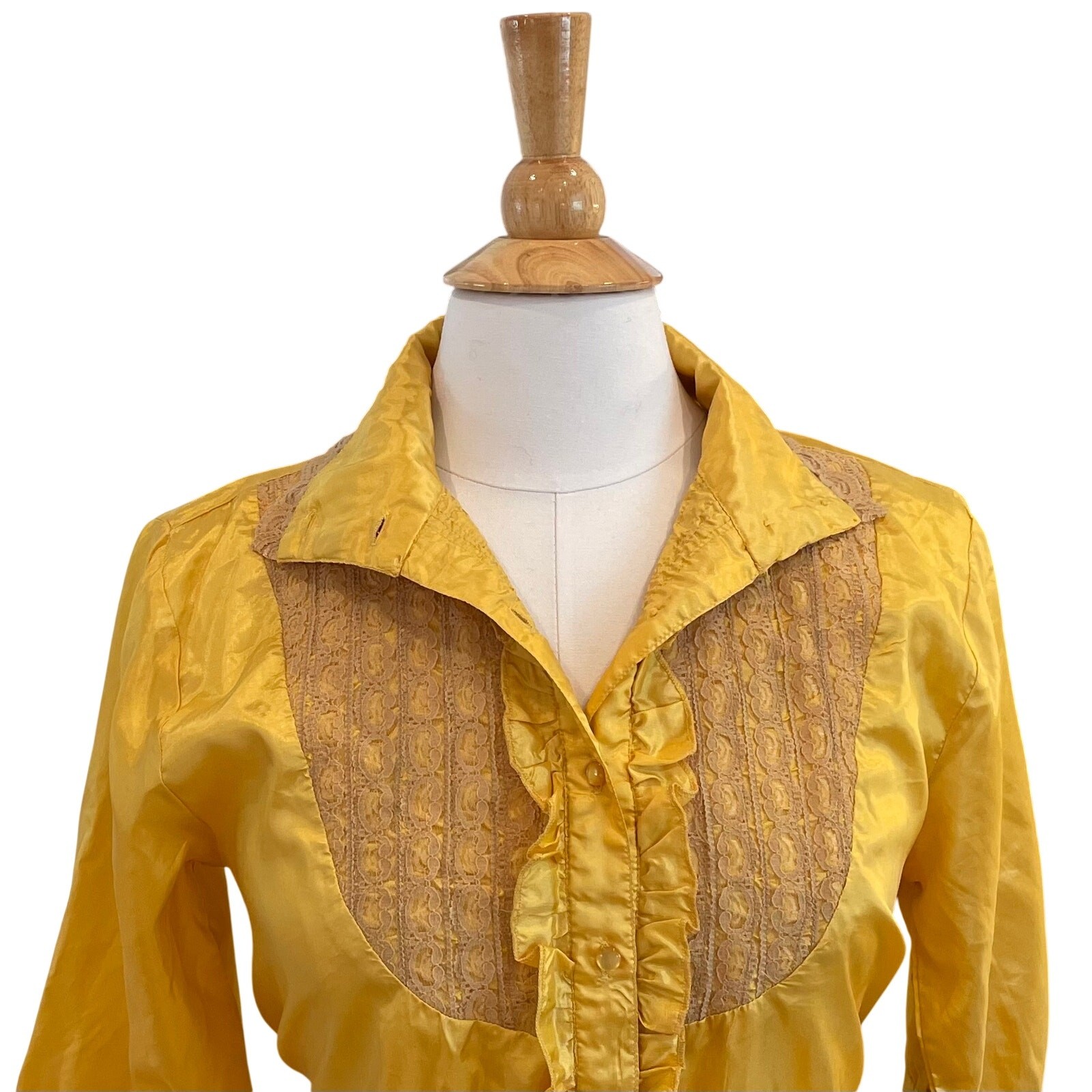 Vintage Galeno Gold Silk Short Sleeve Blouse, Lace, Ruffle, Belt / Tie, Size M