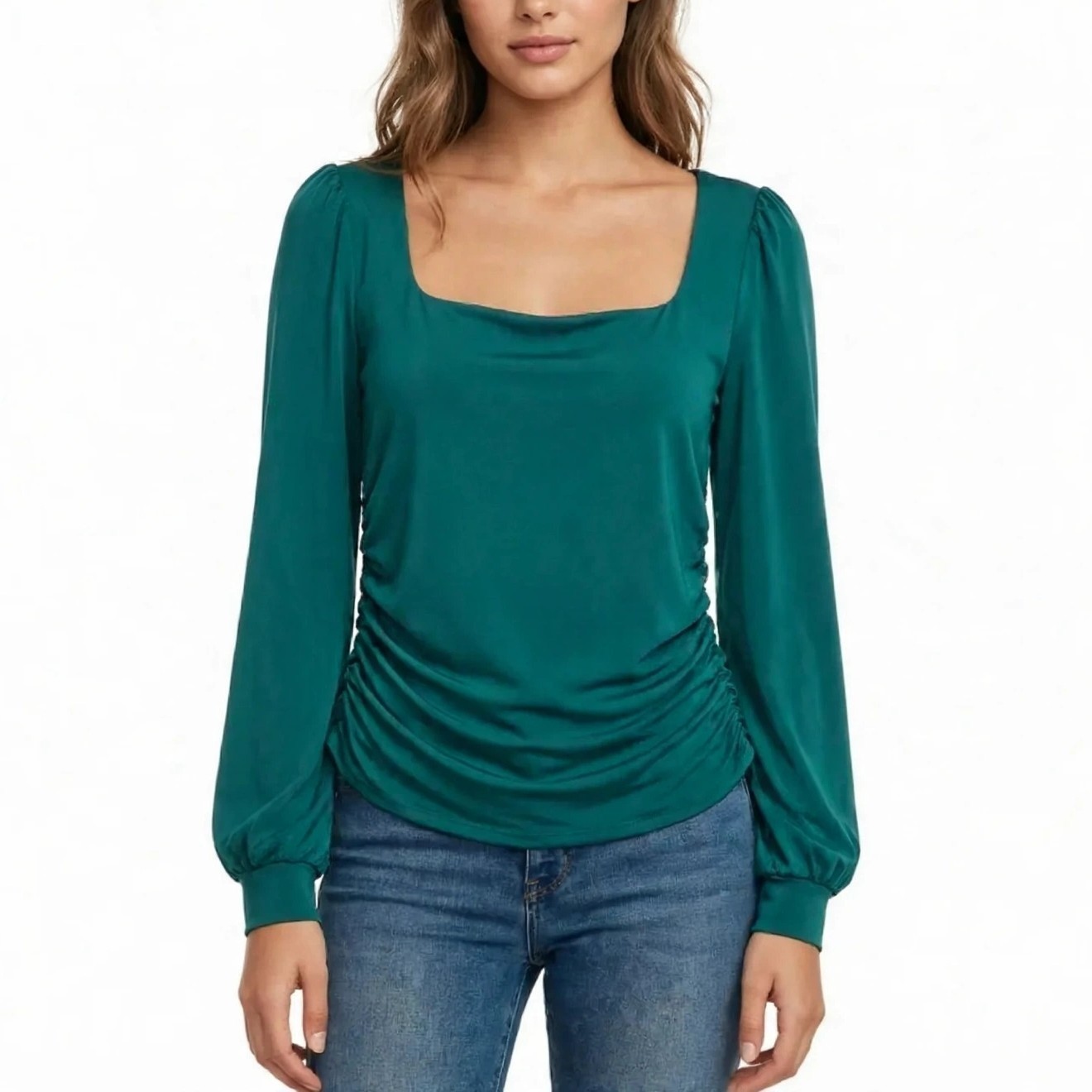 LUSH Women’s Green Square Neck Ruched Long Sleeve Top Blouse Size L Emerald