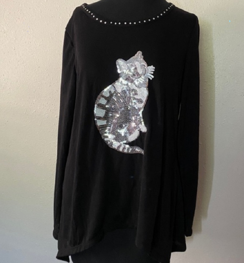 Black or Blue SILVER Sequin Kitty CAT T-Shirt Top Shirt Womens 1X or 2X NWT