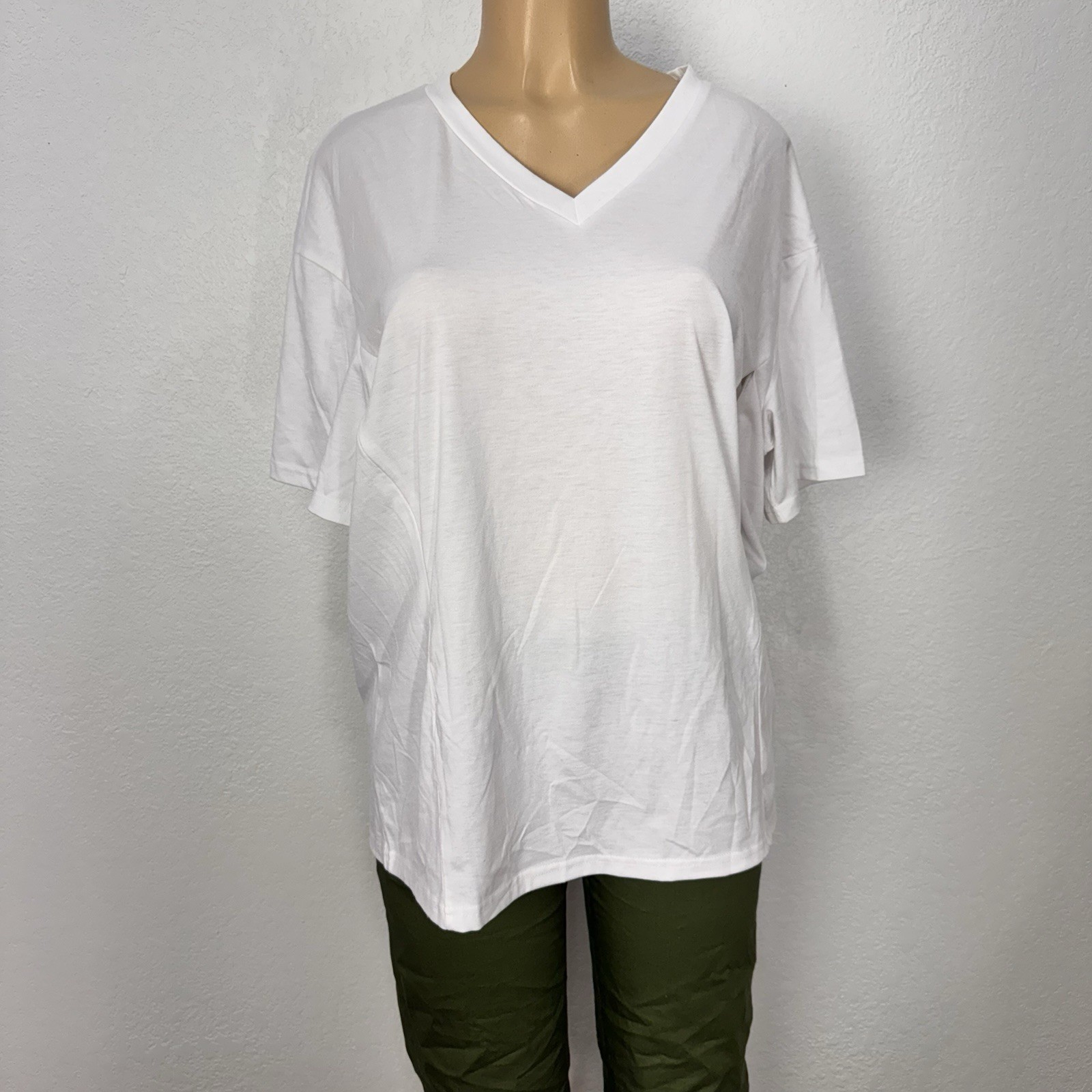 White V Neck Zip Sides Short Sleeve Boxy Tee Shirt Womens Size M Casual Top New