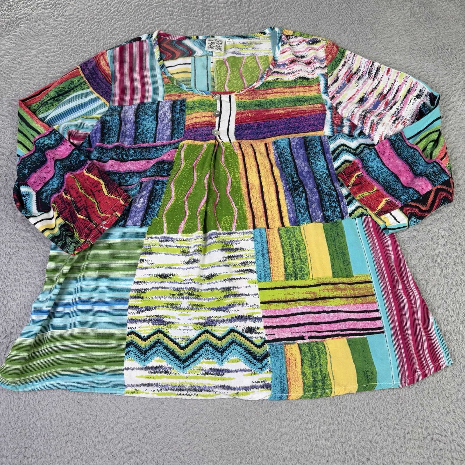 Parsley and Sage Top Womens Medium Multicolor Striped Patchwork 3/4 Sleeve Boho