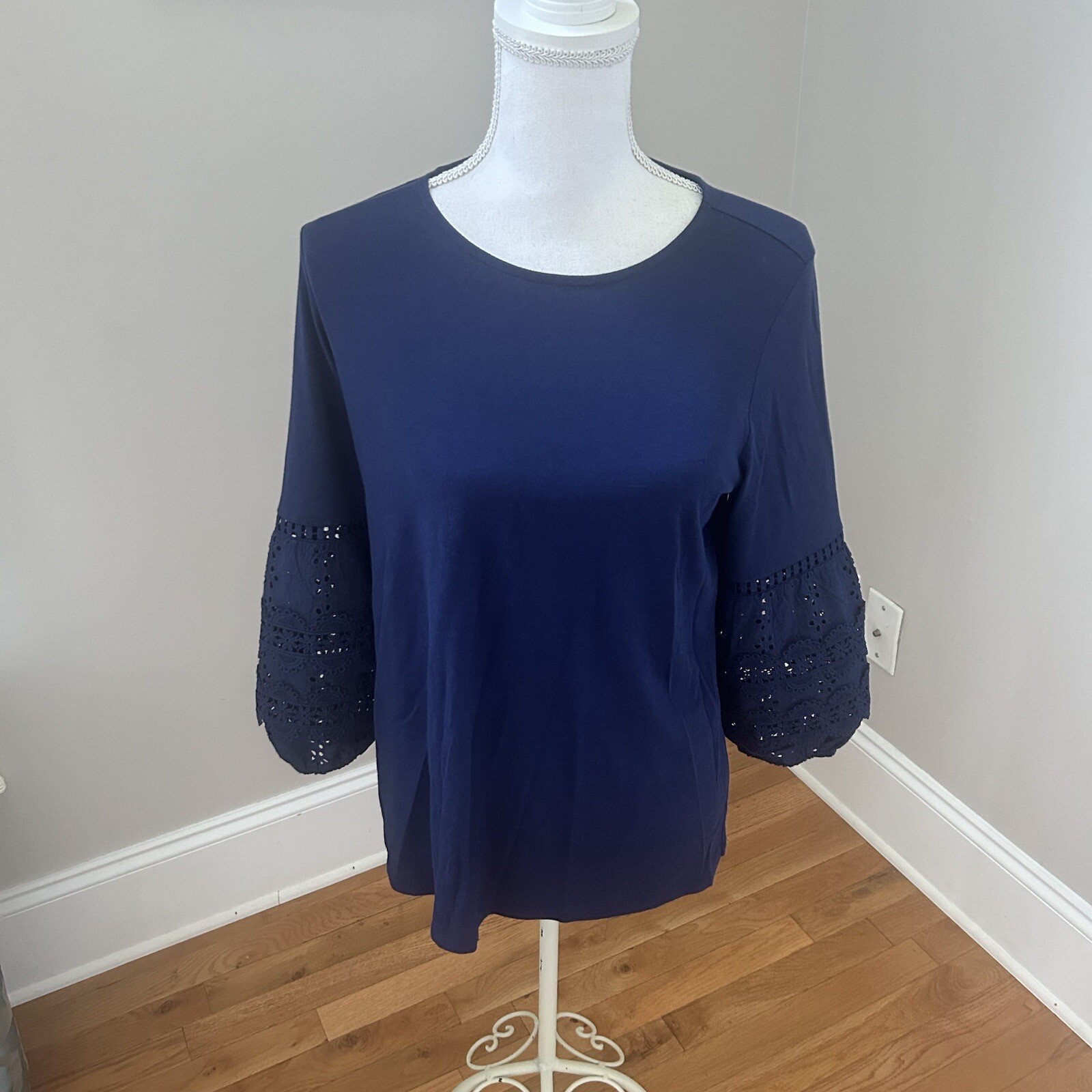 J.Jill Womans Small Navy Knit Top Lace Balloon Sleeve Cotton Blend Modal Preppy