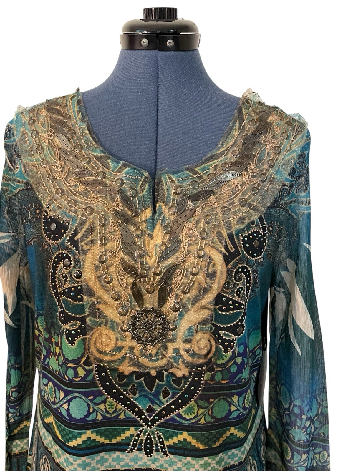 Blue Green Gold Beaded Embroidered Paisley Sheer Sleeve Tunic Festival Fairy XL