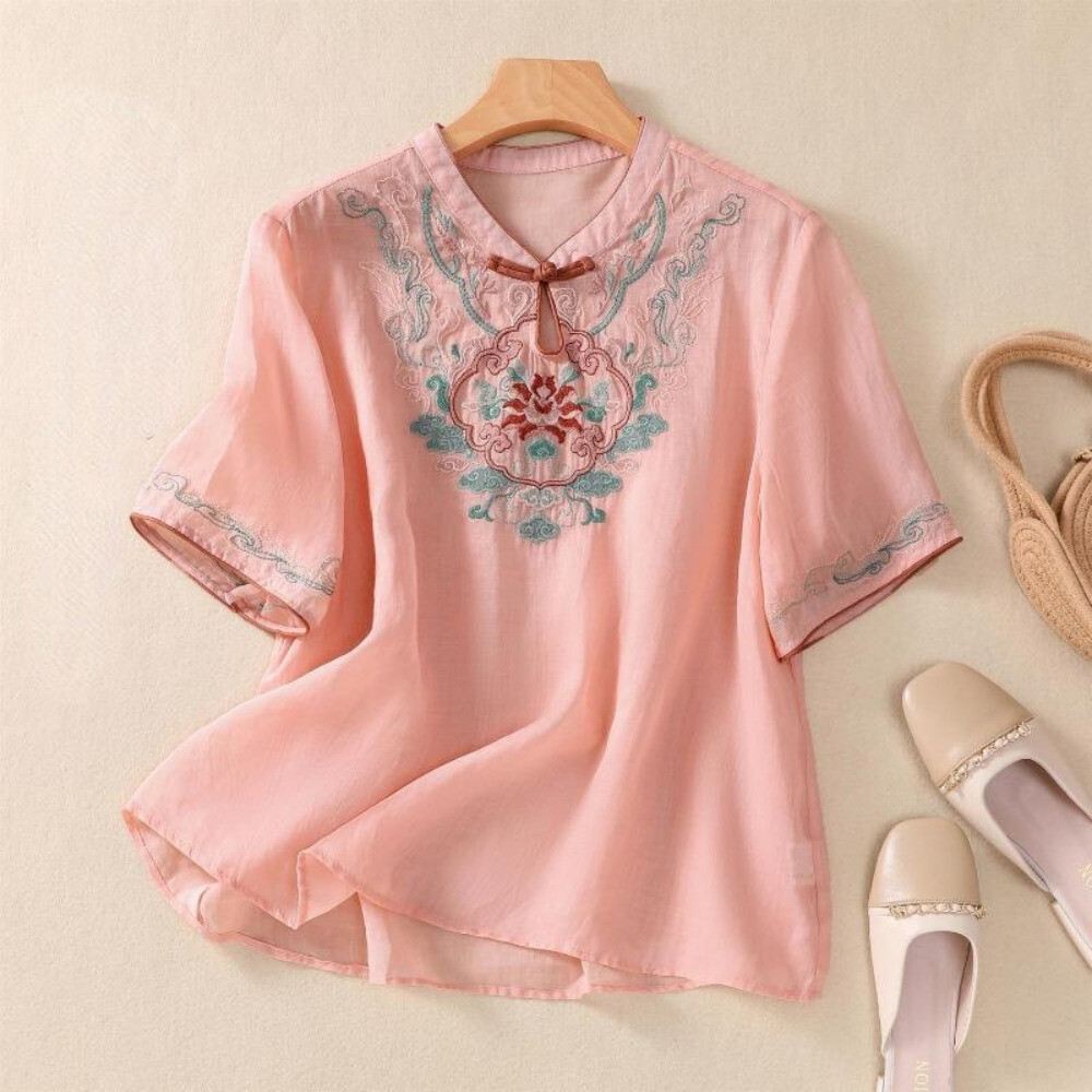 Lady Embroidered T-shirts Tops Blouse Vintage Chinese Cotton Short Sleeve Floral