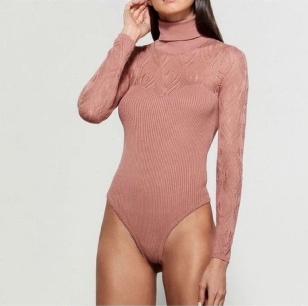 Free People Pretty in Pointellen Knit Ribbed Turtleneck Sweater Bodysuit Pink L