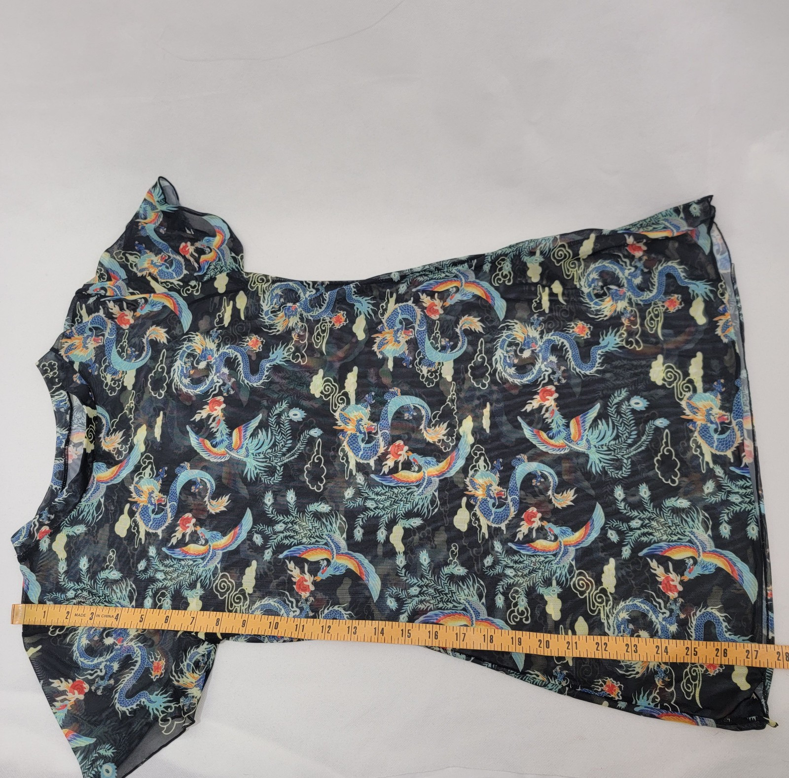 SHEIN Womens Shirt Tunic Sz M Mesh Sheer Dragon Phoenix Asian 90s Y2K Grunge