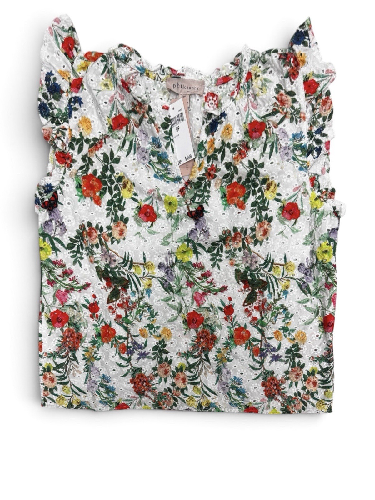 Philosophy Floral Blouse Eyelet Ruffle V-Neck Flutter Sleeve S/P Multicolor NWT