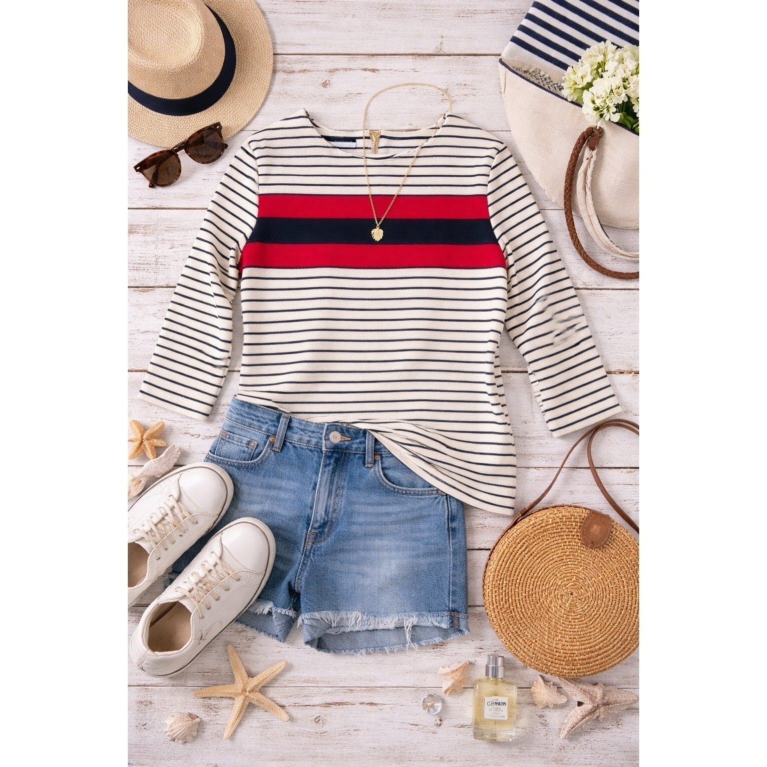 Talbots Knit Top S White Navy Red Striped Back Zip 3/4 Sleeve Nautical Preppy