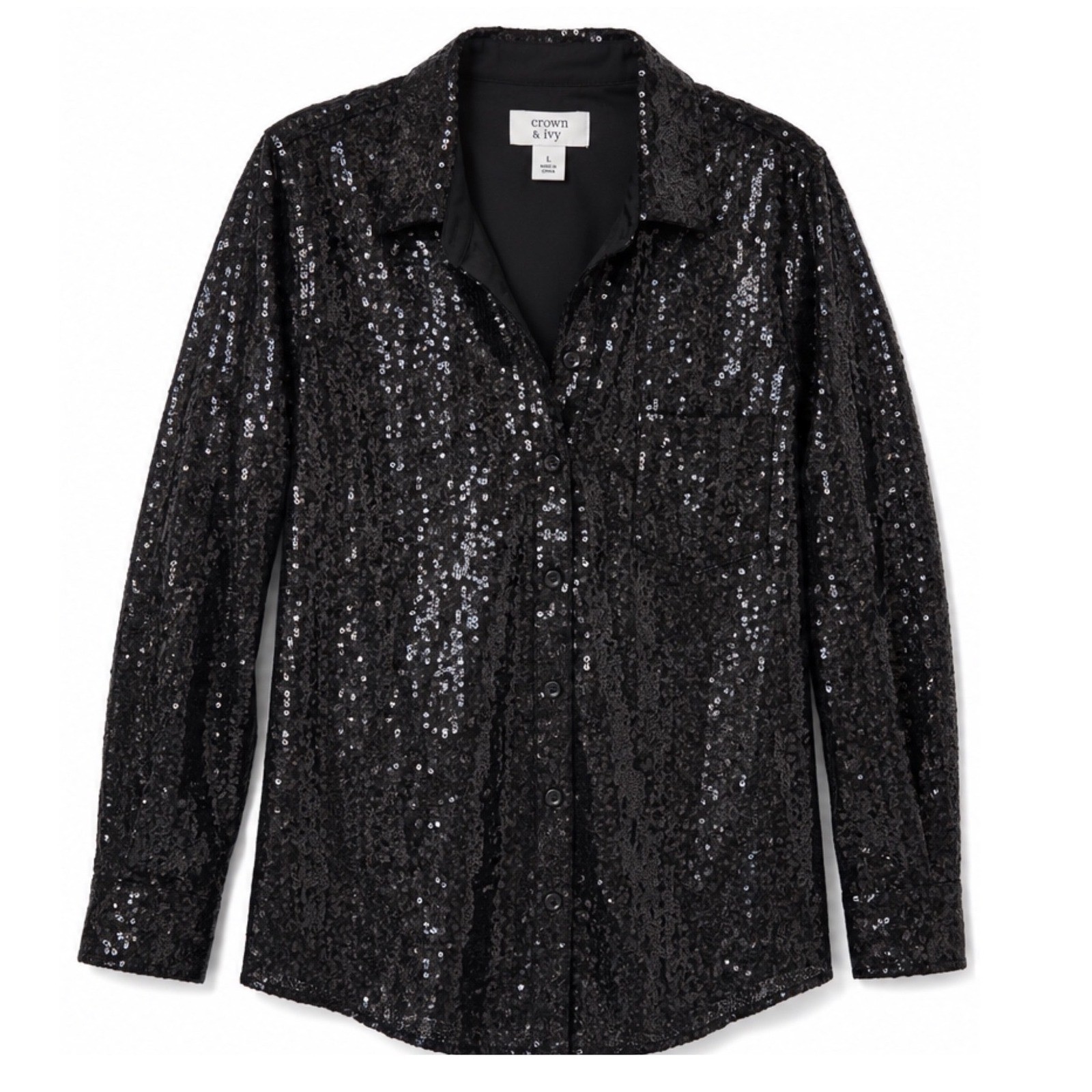 Crown & Ivy Black Sequin Button Up Shirt Holiday NYE Cocktail Blouse Womens L